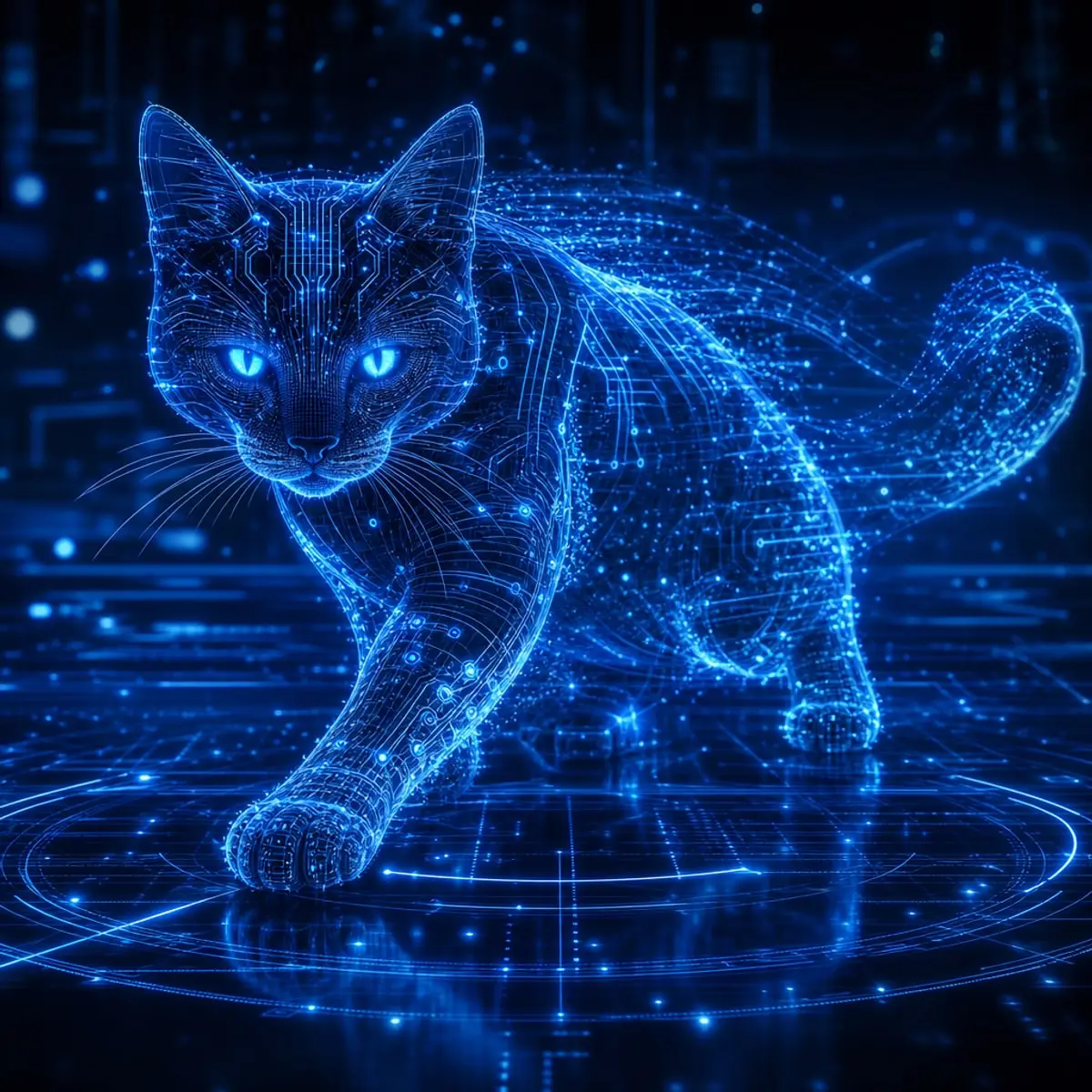 A digital holographic cat constructed from neon blue circuitry, representing Proactive Risk's adaptive AI-powered threat detection: CATSCAN®.