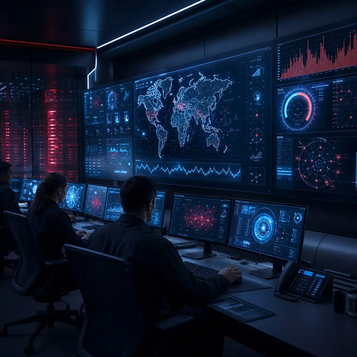 Advanced command center displaying real-time risk analytics and threat detection metrics.