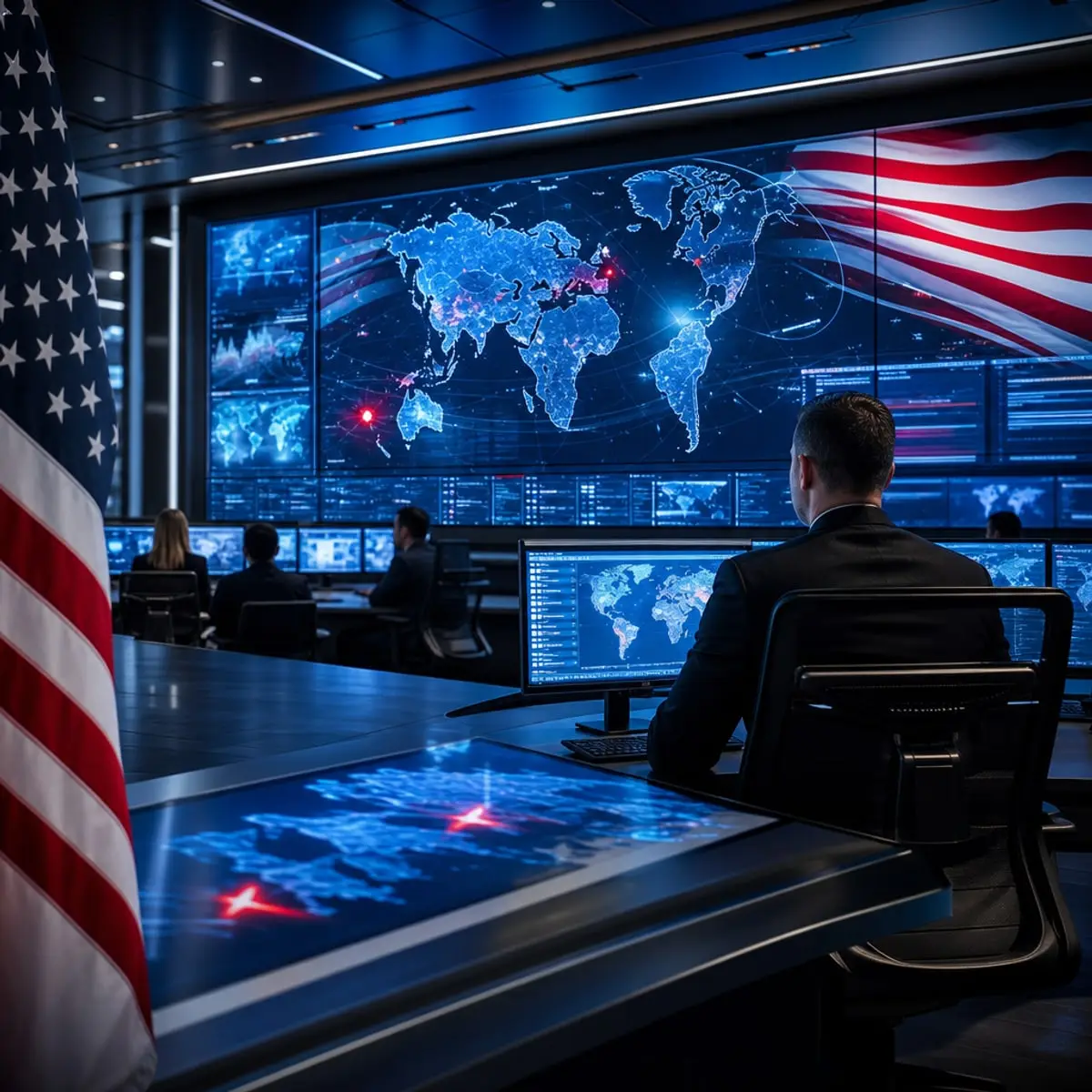 A professional, authoritative, and patriotic-themed hero image for a cybersecurity blog featuring a modern digital command center with bold red, white, and blue colors.