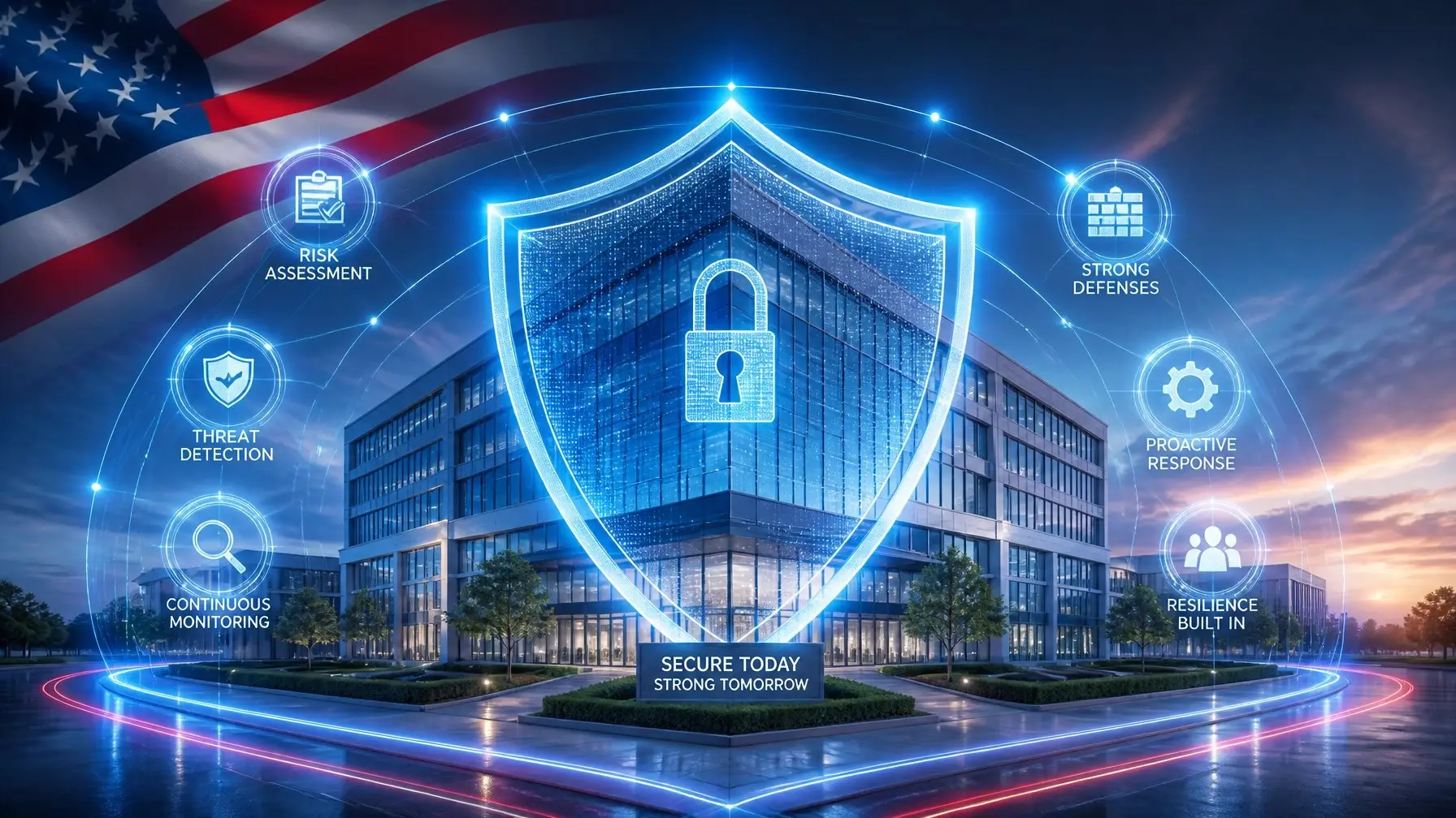 Secure modern corporate building protected by glowing digital shields