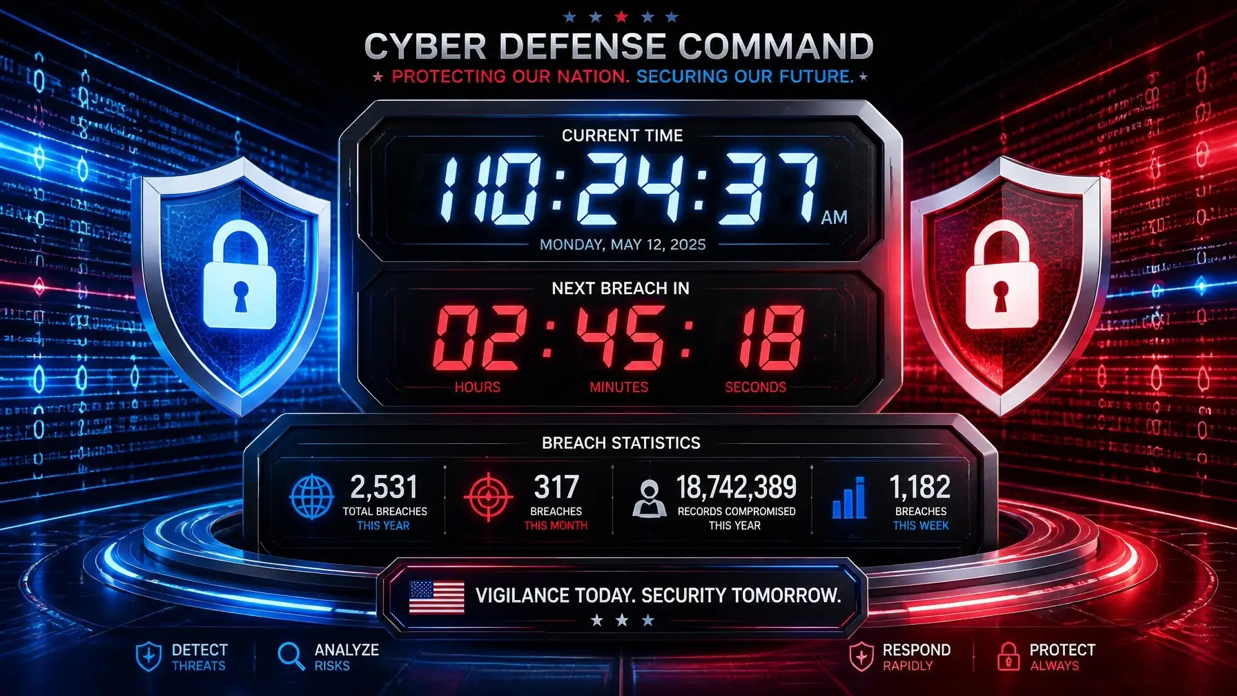 Futuristic digital countdown timer and cybersecurity threat intelligence dashboard in patriotic red, white, and blue