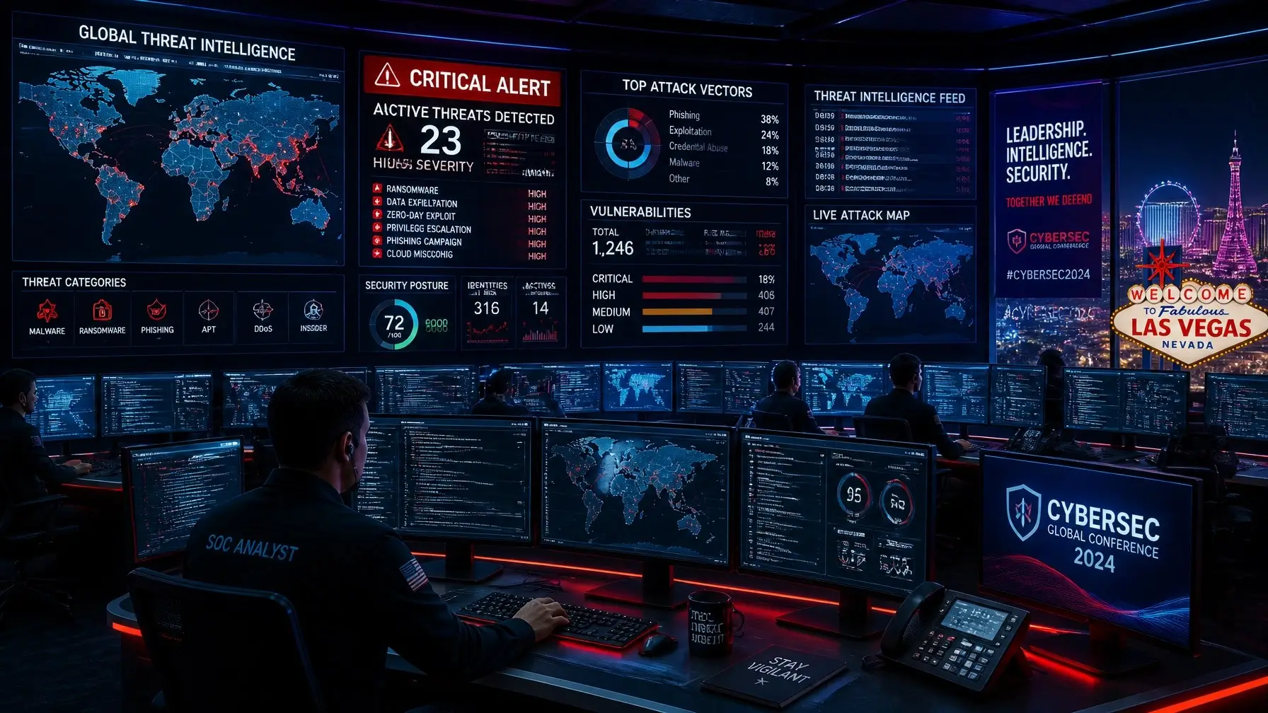 High-tech security operations center tracking global threat feeds and vulnerabilities