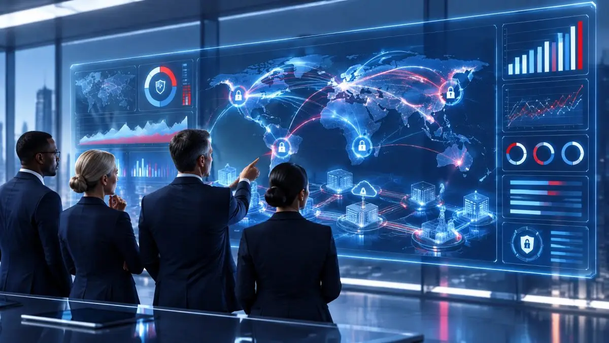 Business leaders reviewing a unified risk and connectivity dashboard