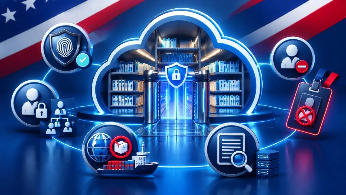 Cloud CRM warehouse with access controls, MFA, audit logs, and a departing employee badge being deactivated