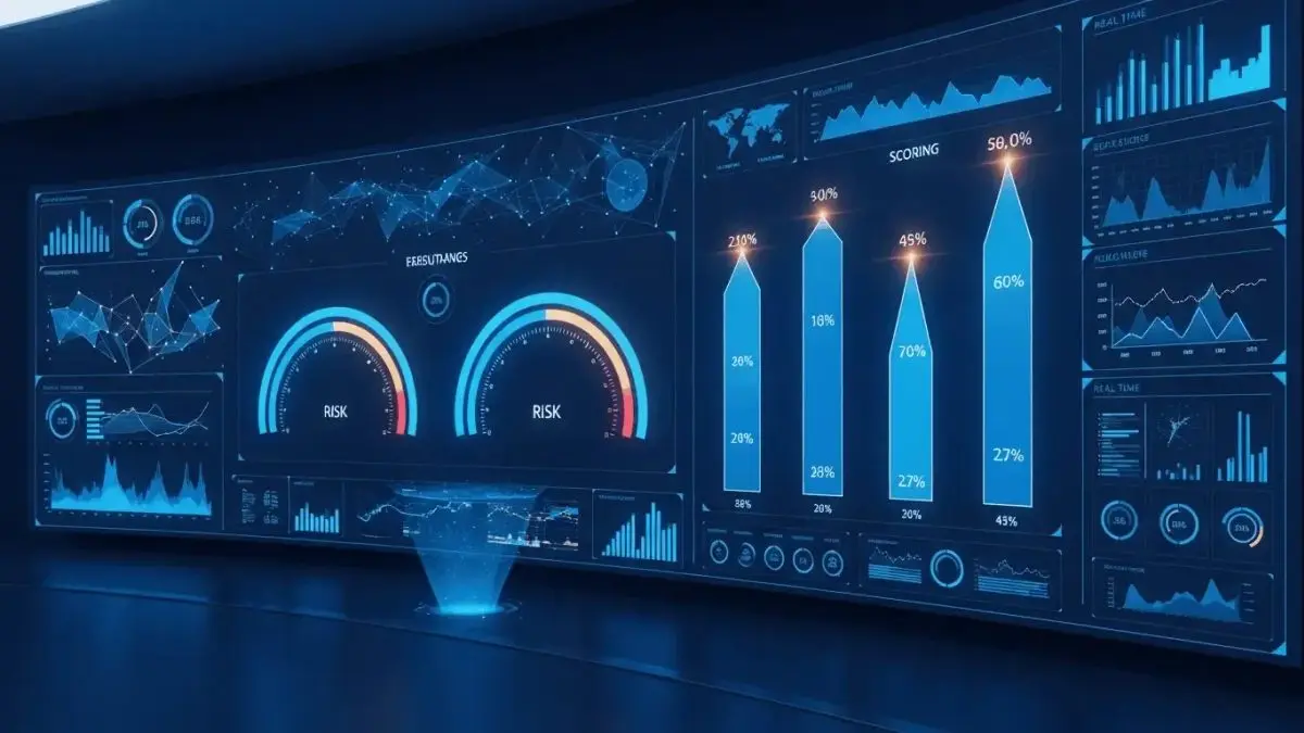 Conceptual executive risk dashboard illustrating security posture and decision-ready metrics