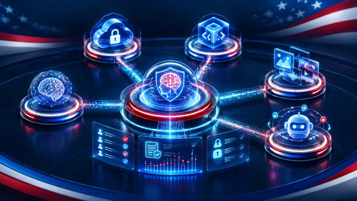 Connected AI systems linked to a central governance, identity, data, and audit hub