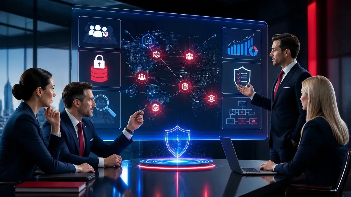 Executives and a cybersecurity advisor reviewing an AI risk and governance map