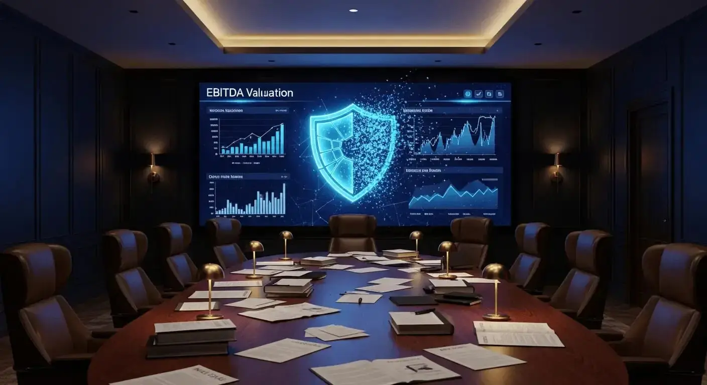 A modern boardroom reviewing cybersecurity risk, financial performance, and enterprise value