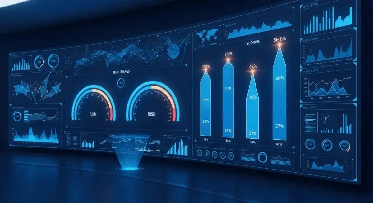 Integrated digital command dashboard displaying real-time risk metrics and scoring indicators