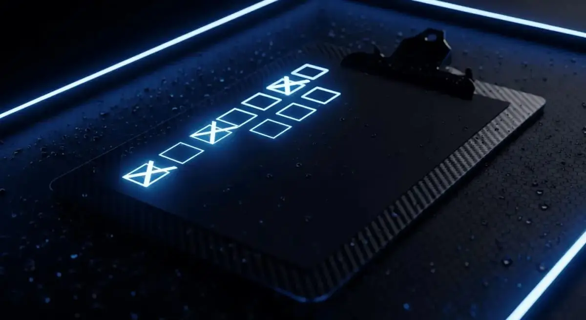 Futuristic digital risk checklist clipboard with blue neon lighting