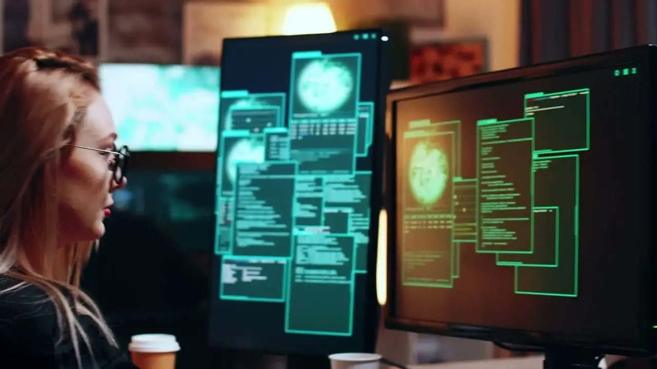 Cybersecurity operations workstation showing technical analysis and monitored systems