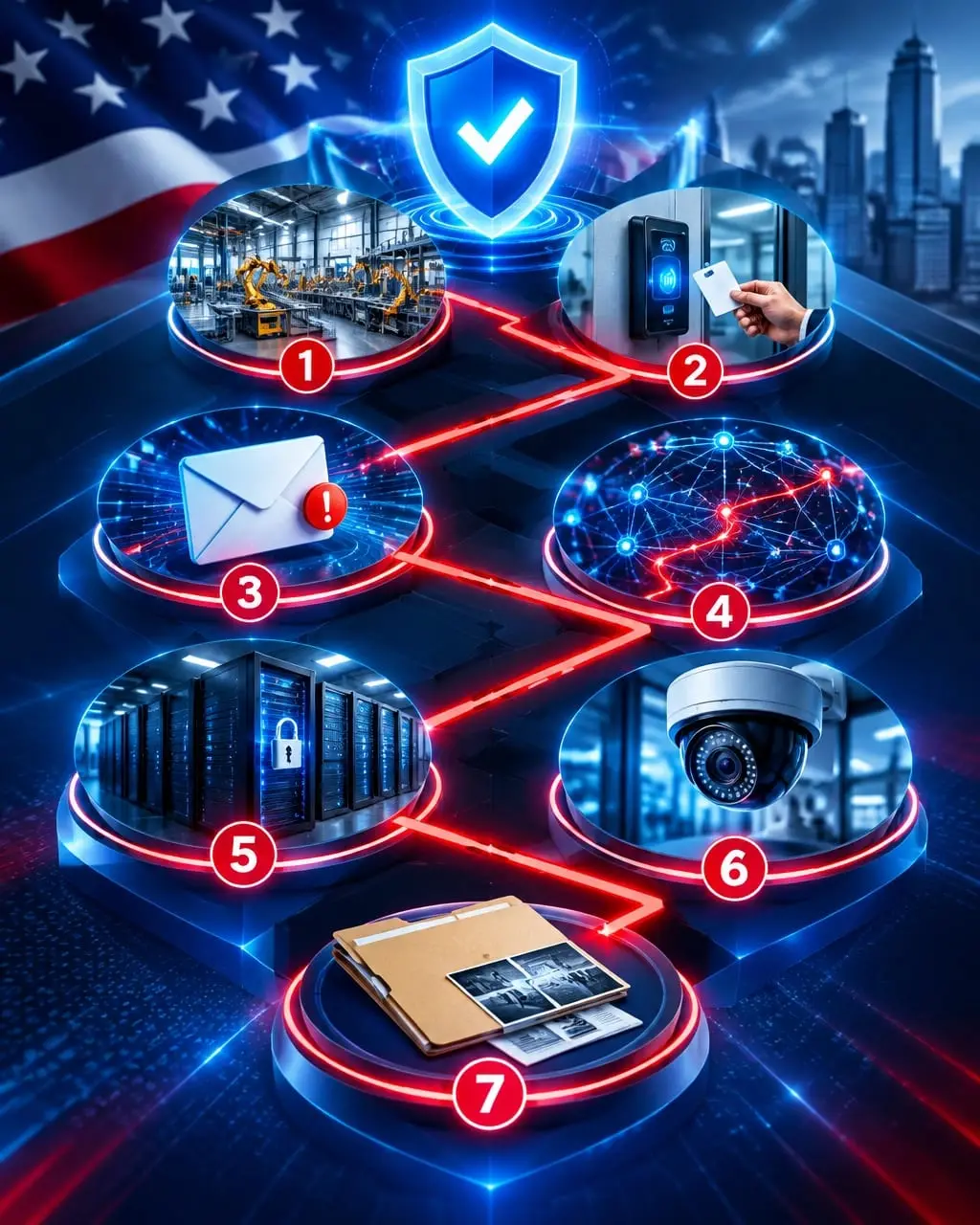 A seven-stage adversarial cybersecurity assessment represented through connected facility, identity, network, and evidence checkpoints