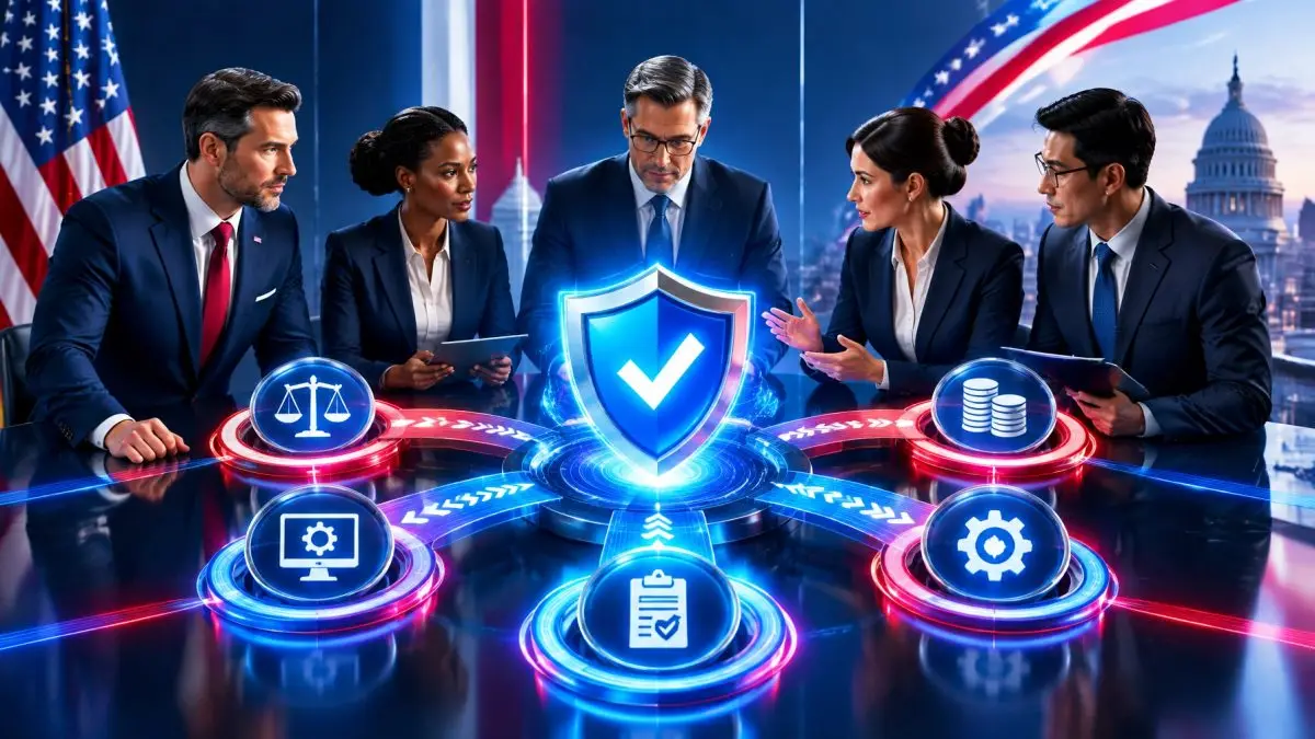 Executives, legal, finance, IT, and operations leaders gathered around a secure shield representing accountability, governance, and resilience