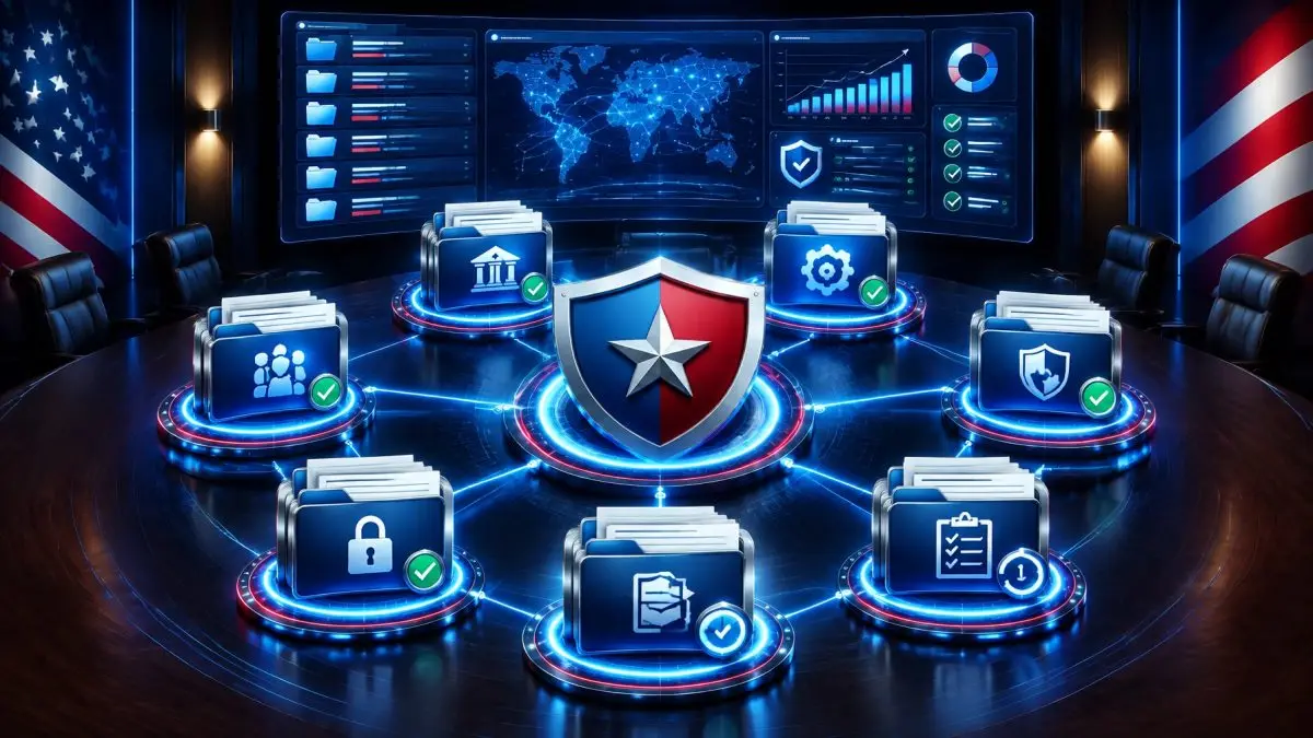 A modern policy library connected to a secure digital trust center with approvals, version control, and executive dashboards