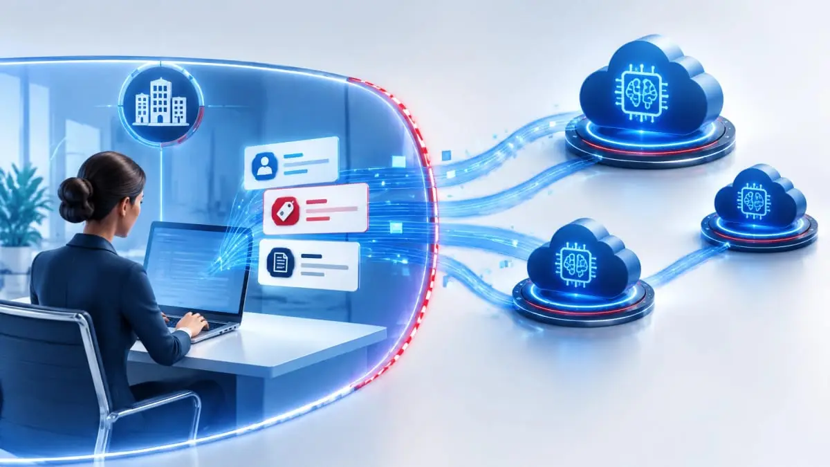 Abstract customer and business data flowing toward anonymous AI cloud nodes outside an organization’s visible boundary