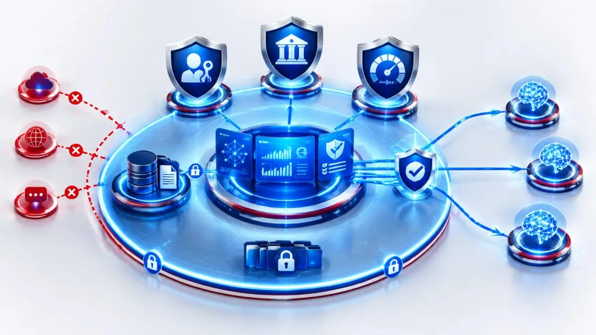 A governed AI workspace represented by a secure boundary, access controls, policy shield, and spend oversight