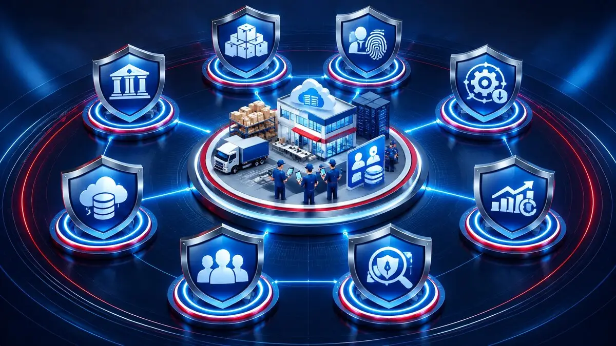 Eight connected layers protecting a trade business, its crew, vehicles, and customer data